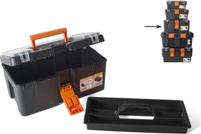Diepe Gereedschapskoffer Met Uitneembare Inlegbak – Schokbestendige Kunststof Toolbox Met Transparante Deksel – 4 Kleine En 1 Groot Opbergvak – Afsluitbaar Met Hangslot En Stevige Sluiting – 400 × 230 × 200 mm [10922]