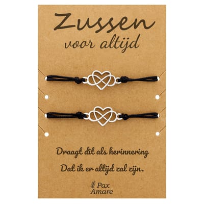Vriendschapsarmbandjes voor 2 "Zussen voor altijd" - Hartje in Oneindigheidsteken - Sisters Armbandjes met Cadeau Kaartje - Zilverkleurig - Elastisch Verstelbaar - Pax Amare