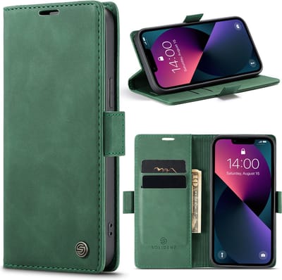 Geschikt Voor iPhone 13 Pro Hoesje - Solidenz Urban Bookcase 13 Pro - Telefoonhoesje 13 Pro - 13 Pro Case Met Pasjeshouder - PU Leren Hoes - Draadloos Opladen - Groen