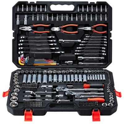 VEVOR 314-delige dopsleutelset met ratelsleutelbox met 1/4", 3/8" en 1/2" aandrijvingen, ratelsleutelset met omkeerbare ratel, universele gereedschapsset voor dagelijkse reparaties en doe-het-zelfprojecten.