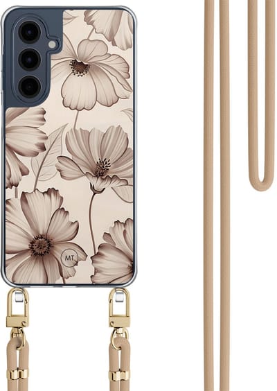 Hoesje met koord geschikt voor Samsung Galaxy A16 - Sand flowers - Inclusief Beige koord - Crossbody beschermhoes - Transparant, Beige - Mooie Telefoonhoesjes