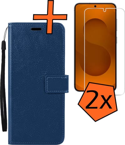 Hoes - Met 2x Screenprotector - Geschikt voor Samsung Galaxy S25 - Luxe Pasjeshouder - Bookcase Portemonee - Flip Case - Kunstleer Book Case - Flipcase Hoes - Book Cover - Walletcase - PortemonneeHoes - Donkerblauw