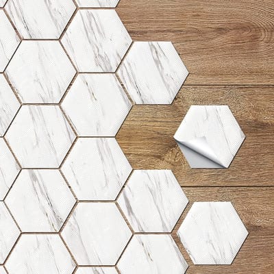 Allecto - Vinyl Tegels Stickers - Hexagon Wit Marmer - Waterdicht en Antislip - 10 Stuks - Interieurdecoratie - Makkelijk aan te brengen - Geschikt...