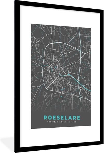 Fotolijst incl. Poster - België – Roeselare – Stadskaart – Kaart – Blauw – Plattegrond - 60x90 cm - Posterlijst