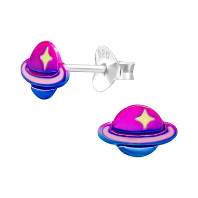 Joy|S - Zilveren planeet oorbellen - saturnus - 9 x 6 mm - paars roze met gele ster