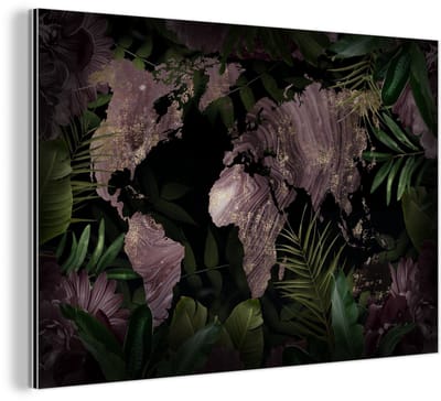 Aluminium schilderij 180x120 cm - Wanddecoratie metaal - Wereldkaart - Luxe - Planten - Metalen muurdecoratie woonkamer - Decoratie industrieel - Foto op dibond - Industriële accessoires slaapkamer