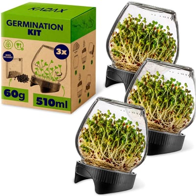 KADAX spruitglazen 510 ml, set van 3, kiemglazen met zeefdeksel Ø 82 mm, spruitkweekset, kweekglazen voor broccolispuiten, spruitenset, incl. radijszaden