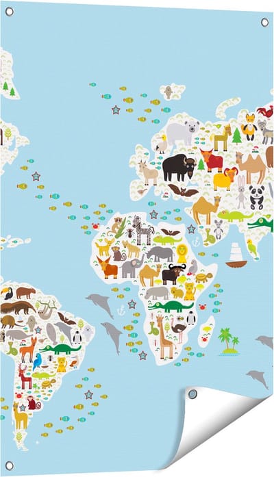 Gards Tuinposter Wereldkaart met Dieren - 60x90 cm - Tuindoek - Tuindecoratie - Wanddecoratie buiten - Tuinschilderij