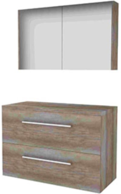 Basic-Line Comfort 46 Badkamermeubelset - 100 x 46 cm - Met Grepen - 2 Lades - Wastafelblad - Spiegelkast - Scotch Oak