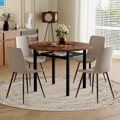 Moderne minimalistische ronde tafelset (met geïntegreerd opbergvak en 4 stoelen van warmgrijs PU-materiaal), ronde tafel met een diameter van 100 cm in bruin houtlook, geschikt voor eetkamers.