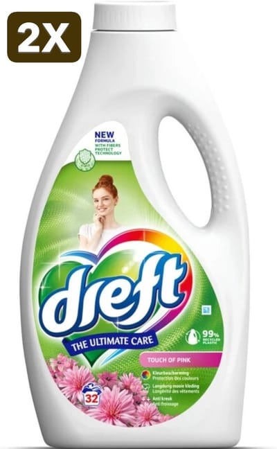 2 x Dreft - Ultimate Care - Vloeibaar Wasmiddel - Gekleurde Was - Een Vleugje Roze - 32 Wasbeurten