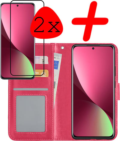 Hoesje Met 2x Screenprotector - Geschikt voor Xiaomi 12X - Luxe Pasjeshouder - Bookcase Portemonee - Flip Case - Kunstleer Book Case - Flipcase Hoes - Book Cover - Walletcase - Portemonneehoes - Donkerroze