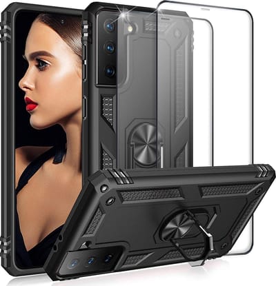HB Hoesje Geschikt voor Samsung Galaxy S21 Zwart - Anti-Shock Hybrid Armor Back Cover - Hoes met Kickstand Ring & 2X Volledige Display Screenprotector