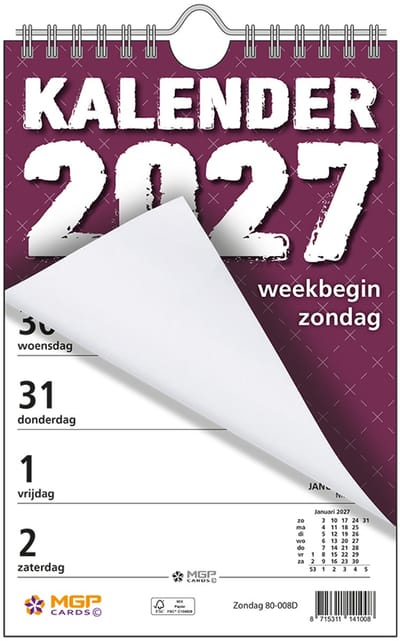 MGPcards - Weekblok met Wire-O binding 2027 - Week begint op zondag - 13,5 x 20,5 cm - Purper
