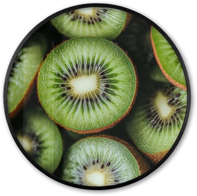 Poster in lijst Rond - Fotolijst 60x60 cm - Posters - Kiwi - Fruit - Groen - Ronde posterlijst zwart - Decoratie - Wanddecoratie woonkamer - Muurdecoratie slaapkamer