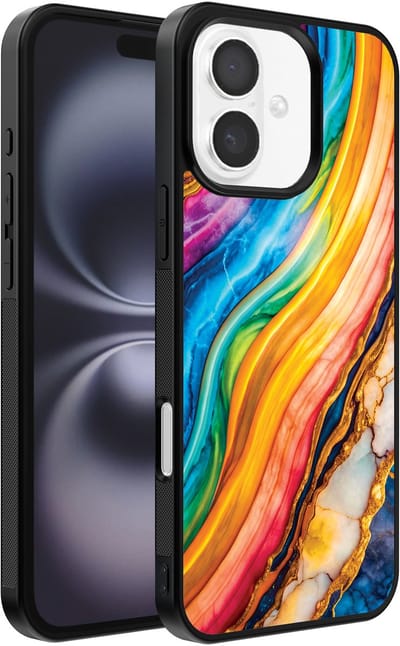 Smartphonica Telefoonhoesje Geschikt voor iPhone 16 Plus met Regenboog Goud Marmer Opdruk - TPU Backcover Case Rainbow Gold Marble Design geschikt voor iPhone 16 Plus