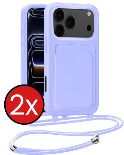 Hoesje Geschikt voor iPhone 17 Pro Max / 18 Pro Max Hoesje Met Telefoonkoord en Pasjeshouder Siliconen - Hoes Geschikt voor iPhone 17 Pro Max / 18 Pro Max Hoesje Met Kaarthouder Case - Lila - 2 PACK