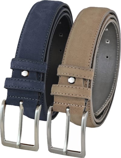 Landley Suede Pantalon Riemen Set - Suède Leren Heren Riemen Duopack - Leer - Blauw en Taupe - Lengte totaal 130 cm / Riemmaat 115