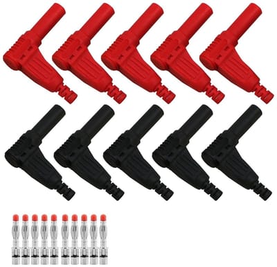 10 stuks 90 graden banaanstekkers, rechte hoek, 4 mm connectoren voor multimeter, testleidingen en meetapparatuur (rood + zwart)