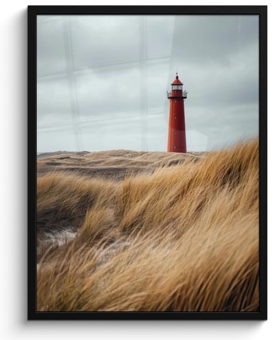 Poster in lijst - Fotolijst 50x70 cm - Posters - Duinen - Vuurtoren - Rood - Lucht - Posterlijst zwart - Decoratie - Wanddecoratie woonkamer - Muurdecoratie slaapkamer