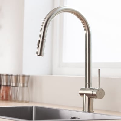 Cecipa Max Uittrekbare Keukenkraan - Horizontaal Paraplu-ontwerp - 304 RVS Gebürstet - 2 Straalstanden - 40% Waterbesparing