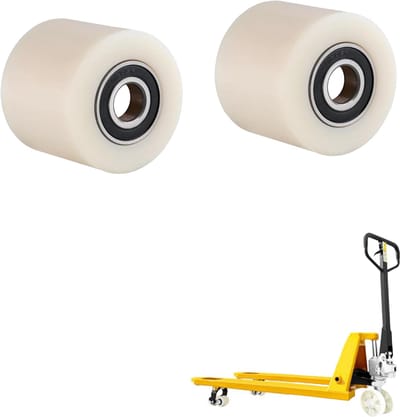 Een set van 2 nylon palletwielen, 80 x 70 mm groot, 20 mm asdiameter, met kogellagers, een draagvermogen van 500 kg, geschikt voor palletwagens en transportvoertuigen.