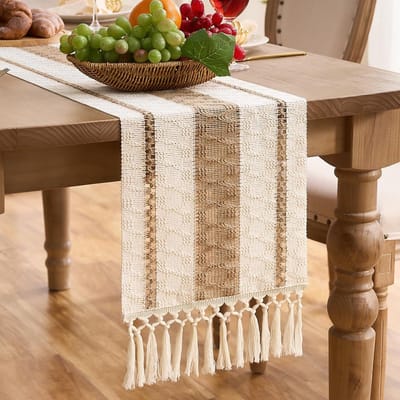 Tafelloper bruin macramé katoen linnen tafelloper rustieke boerderijstijl met kwastjes decoratie uitgesneden geweven voor eettafel keuken Boheemse 30 x 183 cm