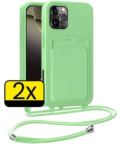 Hoesje Geschikt voor iPhone 16 Pro Telefoonhoesje Met Koord Case Pashouder Siliconen - Hoes Geschikt voor iPhone 16 Pro Hoesje Met Kaarthouder - Groen - 2 Stuks