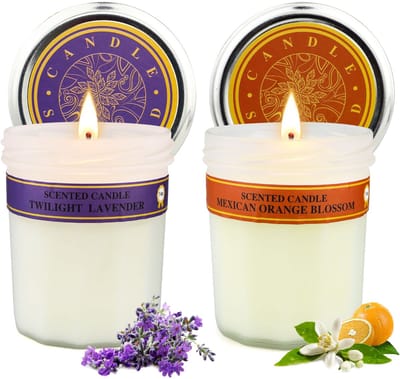 Froadp Aromatherapie Duftkerzen Geschenkset 210g – 2-teiliges Set Mit Aufklebern Und Can Glasses, Duftkerzen-Dekorationsset, Lavendel + Mexikanische Orangenblüte