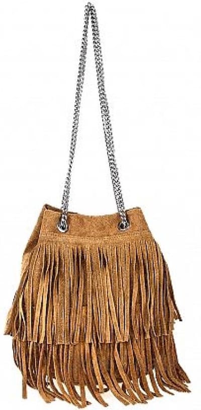 Leuke suède tasje met franjes - zilver ketting schouder band - kleur CAMEL
