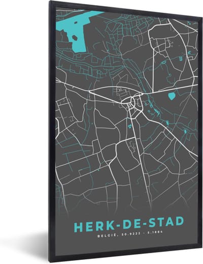 Fotolijst incl. Poster - Plattegrond – Herk de Stad – Blauw – Stadskaart - Kaart - 40x60 cm - Posterlijst