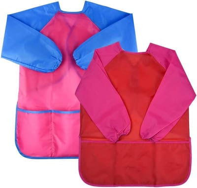 2-delige waterdichte schilderschorten voor kinderen, schorten met lange mouwen en 3 zakken, geschikt voor schoolactiviteiten, schilderen, koken, kleuren, voeden， geschikt voor kinderen van 3-7 jaar，Rood + magenta