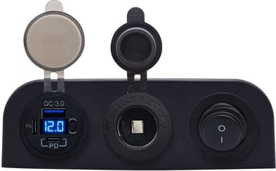 ProRide 12V USB Autolader 3 Poorten - QC3.0 - Drievoudig opbouw paneel - Sigaretten stopcontact en Schakelaar