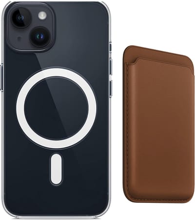 Stravo Clear Hoesje met magnetic Wallet Card Holder - Geschikt voor iPhone 14 - Beschermhoes met magnetische leren kaarthouder wallet – Ondersteunt draadloos opladen - Bruin
