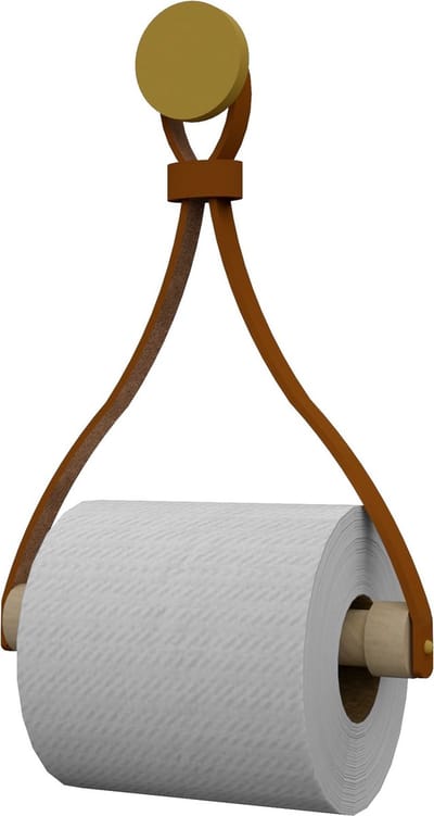 Leren toiletrolhouder 'Triangle' - met Zuignap én schroef - Handles and more® | LICHTBRUIN - roldrager: Rondhout - knop: Goud