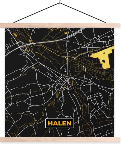 Posterhanger incl. Poster 40x40 cm - Schoolplaat - Halen - Goud - Plattegrond - Kaart - Stadskaart - Textielposter - Blanke latten - Stadskaart