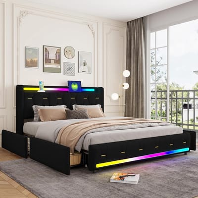 Bed 160x200 cm Tweepersoonsbed met 4 Opberglades, Bluetooth Speakers, LED Verlichting, USB & Type-C Oplaadstation, Fluwelen Hoofdbord, Zwart – Vermissen