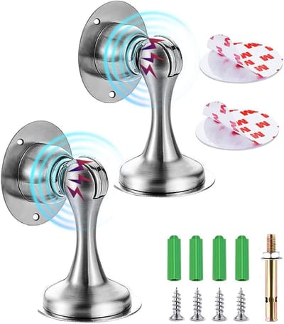 Verpakking van 2 zelfklevende magnetische deurstoppers van roestvrij staal. Deurstoppermagneet voor montage op de vloer of aan de muur om de deur open te houden.