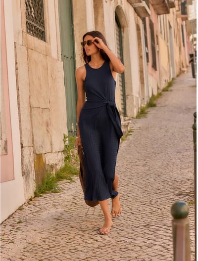 Next - Dames - Textured Jersey Tie Waist Maxi Dress - Blauw