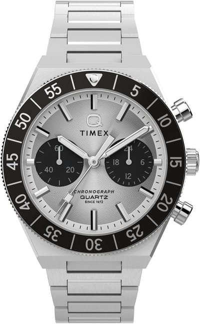 Timex Q Timex Continental Chronograph Quartz Chronograaf Horloge Zilverkleurig En Zwart Kast Gemaakt Van 100% Roestvrij Staal En Een Armband Van 100% Roestvrij Staal 40 TW2Y55800AJ, TW2Y55900AJ