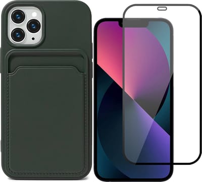 Hoesje Pasjeshouder geschikt voor iPhone 13 Pro Groen - Siliconen Case Back Cover + Full Screen Protector Glas Screenprotector