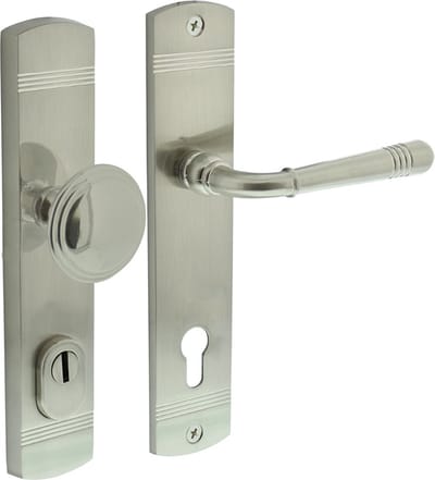 Intersteel Voordeurbeslag Helena 239x50mm knop/kruk profielcilindergat 92mm met kerntrekbeveiliging nikkel mat