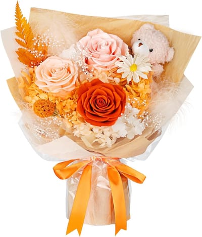 Boeket Bloemen - Eeuwige Bloemen - Decoratie Cadeau - Met Knuffelbeer - 12x21x36cm - Oranje