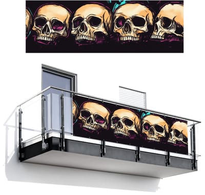 Balkonscherm 300x100 cm - Balkonposter Schedels - Graffiti - Neon - Balkon scherm decoratie - Balkonschermen - Balkondoek zonnescherm