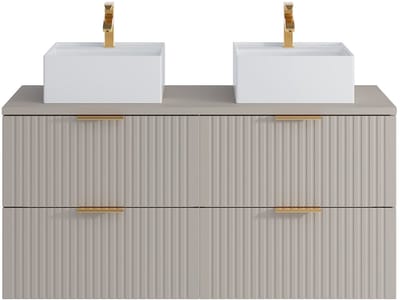 Vente-unique Geribbeld hangmeubel voor badkamer met vierkante dubbele opbouwwastafel - Beige - L120 cm - ZEVARA