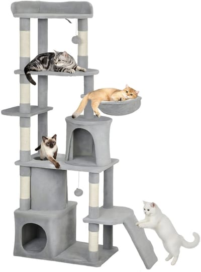 Kattenkrabpaal 170 cm – Krabtoren met Kattenhuis, 2 Pluche Bollen & Sisal Stammen – Lichtgrijs