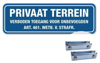 Bord Privaat terrein - Verboden toegang voor onbevoegden - blauw - Weerbestendig Aluminium - 40x15 cm - Bevestiging: Met hekbeugels (voor spijlen- of gaashek)