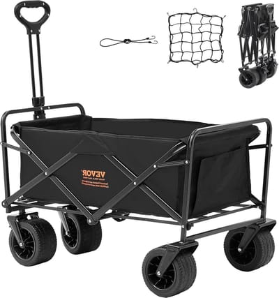 Opvouwbare strandkar met 5 inch wielen en drankhouders - 220 lbs capaciteit - zwart Bolderkar