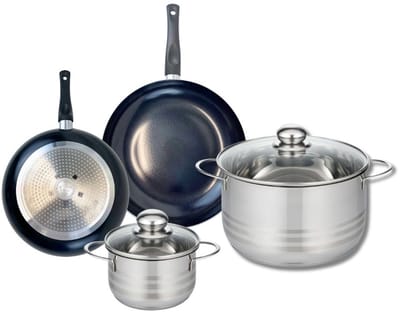 Set van 2 Koekenpannen 20 en 24 cm en 2 Kookpotten 14 en 24 cm Elo Prima Glanzend