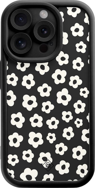 Casimoda® hoesje - Geschikt voor iPhone 15 Pro - Retro Bloempjes - Effen telefoonhoesje met lensbescherming - Siliconen/TPU - Backcover - Zwart